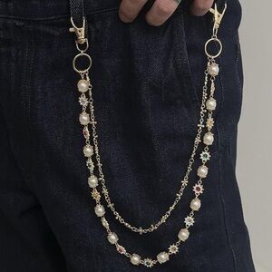 Gold Pearl Jean Chain Wallet Body Chain Pants Layered Y2K Punk Streetwear Grunge